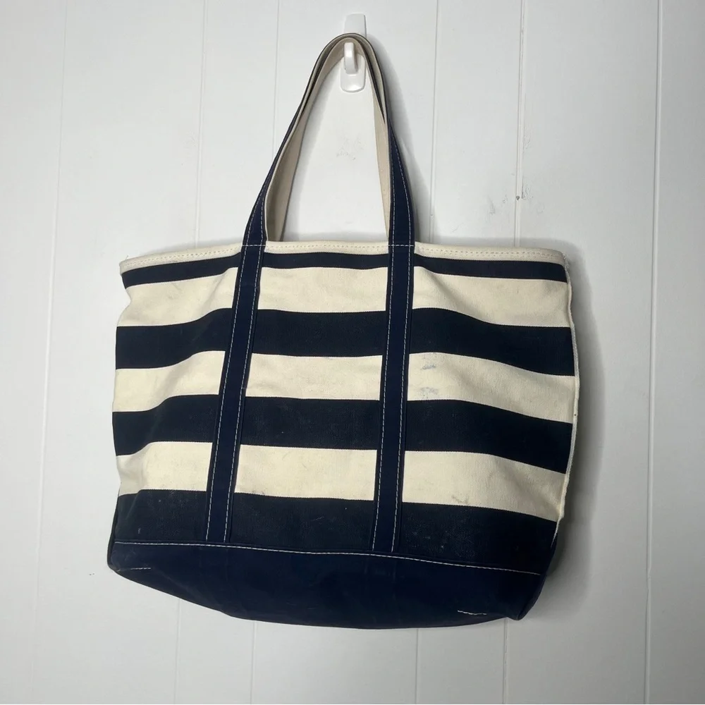 L.L. Bean Boat and Tote Striped Canvas Bag Navy & Cream Zip Top Large - Picture 2 of 14
